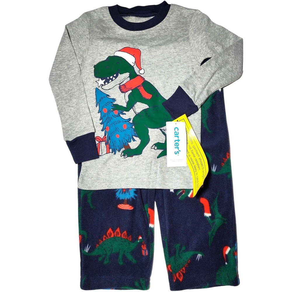 Toddler Boy 2T Carter's T-Rex Christmas Pajamas 2pc Fleece Cotton Dinosaur NWT